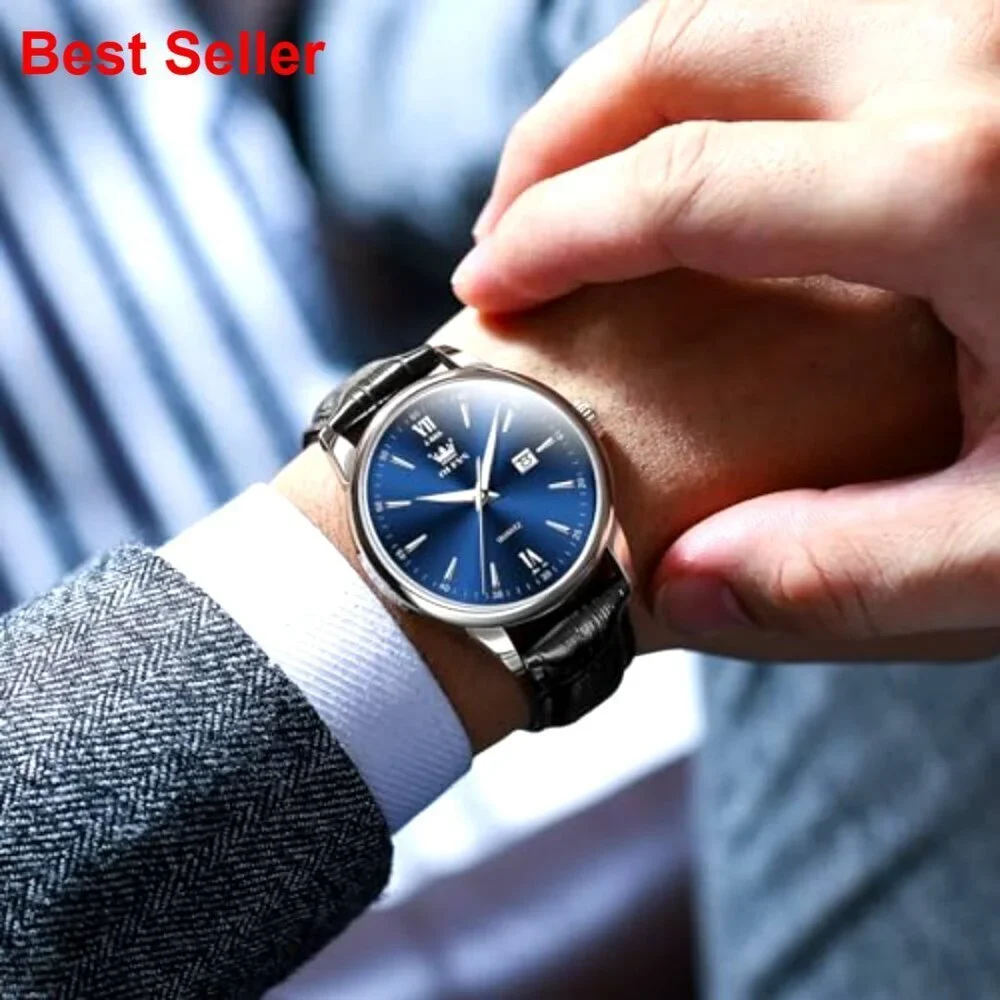 Men's Waterproof Analog Watch with Leather Band Roman Numerals